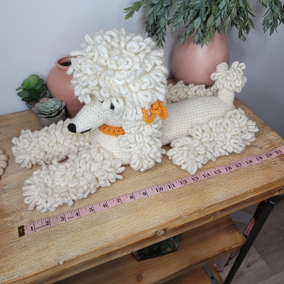 Hand made knit crochet stuffed poodle stuffed white poodle dog with bows. 20" - Picture 9 of 9